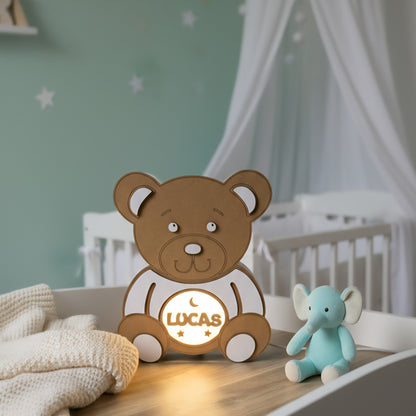 Lámpara de Noche Infantil Personalizada 🌙 LED Cálida de Madera | Oso, Búho o Unicornio | Luz Quitamiedos USB-C para Bebés y Niños con Nombre personalizado | Regalo Original Cumpleaños
