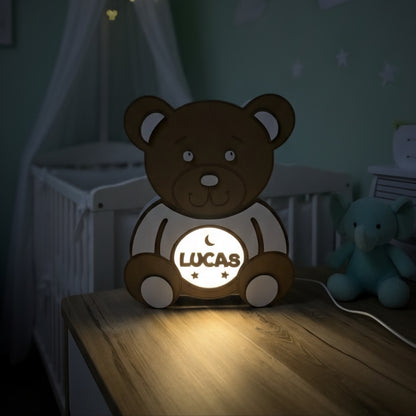Lámpara de Noche Infantil Personalizada 🌙 LED Cálida de Madera | Oso, Búho o Unicornio | Luz Quitamiedos USB-C para Bebés y Niños con Nombre personalizado | Regalo Original Cumpleaños