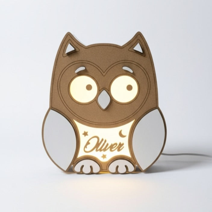 Lámpara de Noche Infantil Personalizada 🌙 LED Cálida de Madera | Oso, Búho o Unicornio | Luz Quitamiedos USB-C para Bebés y Niños con Nombre personalizado | Regalo Original Cumpleaños