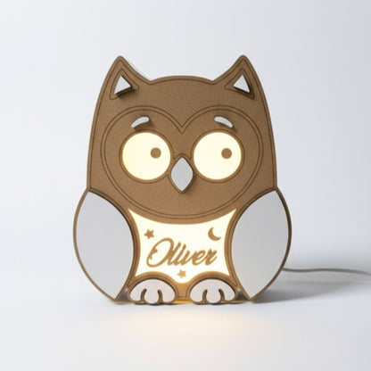 Lámpara de Noche Infantil Personalizada 🌙 LED Cálida de Madera | Oso, Búho o Unicornio | Luz Quitamiedos USB-C para Bebés y Niños con Nombre personalizado | Regalo Original Cumpleaños