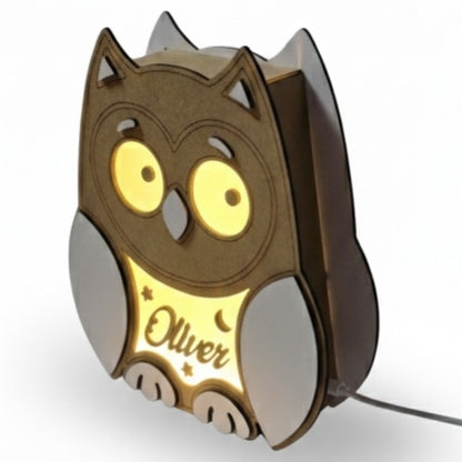 Lámpara de Noche Infantil Personalizada 🌙 LED Cálida de Madera | Oso, Búho o Unicornio | Luz Quitamiedos USB-C para Bebés y Niños con Nombre personalizado | Regalo Original Cumpleaños