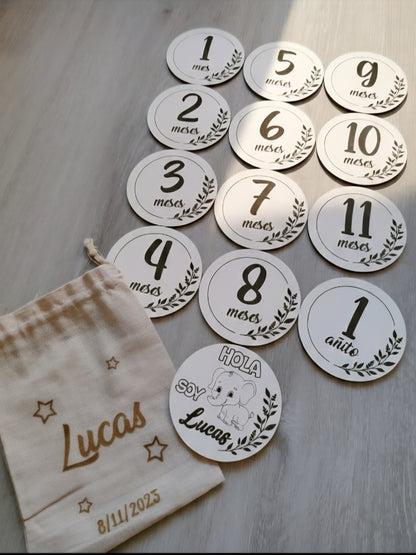 Placas de Cumple Mes Personalizadas en Madera Blanca - Pack Primer Año Bebé